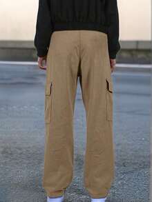 男士纯色户外工装裤，多口袋设计，抽绳腰带，弹性腰围，适合户外休闲穿着，是送给丈夫或男友的理想礼物。 - 卡其色 - 查看 4
