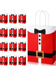 6/10 Pieces Christmas Gift Bags Large Santa Clause Suit Print Bag With Handle, Durable Kraft Paper Christmas Bags Present Wrapping Bags Candy Goodie Bags For Xmas Party Supplies