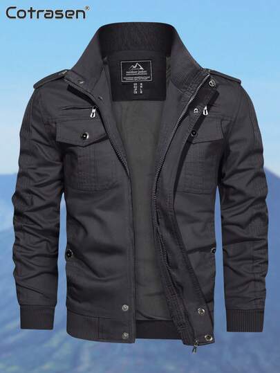 Cotrasen Men's Cotton Lightweight Cargo Jacket Autumn Winter Windbreaker Multi-Pocket Casual Jacket