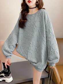 女士字母压纹圆领落肩长袖休闲宽松毛衣 - 灰色 - 查看 2