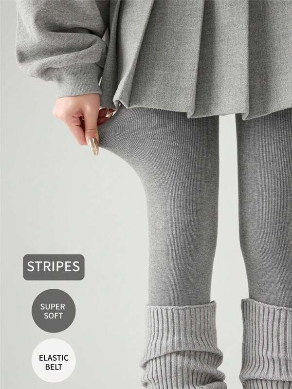 Damen Leggings mit dickem Fleecefutter, vertikale Streifen, hochelastische Wollmischung, figurformend, warm für Herbst/WinLässigsual, Büro, Zuhause