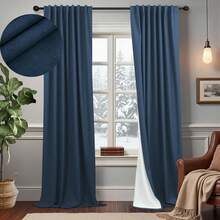 Cream Linen Blackout Curtains 84 Inch Long 2 Panel Set, Thermal Insulated Light Blocking, Neutral Rustic Farmhouse Style, Ivory White, 2025 - Navy Blue - View 3