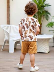 Toddler Boys' Leaf Print Short Sleeve Outfit, Comfortable & Fashionable Top And Khaki Shorts, Suitable For Playground, Park And Daily Wear - Multicolor - View 3