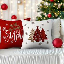 4 sztuki świątecznych, wesołych, czerwonych, minimalistycznych poszewek na poduszki z nadrukiem w kształcie płatka śniegu, choinki, jelenia, szyszki i gwiazdki, z miękkiego poliestru, 45 x 45 cm (17,72 x 17,72 cala), zapięcie na zamek błyskawiczny, można prać w pralce, nadają się do wystroju domu, salonu, sypialni, werandy, ogrodu, na zewnątrz, jako dekoracja na zimowe święta (same poszewki na poduszki – wkładka nie jest dołączona)