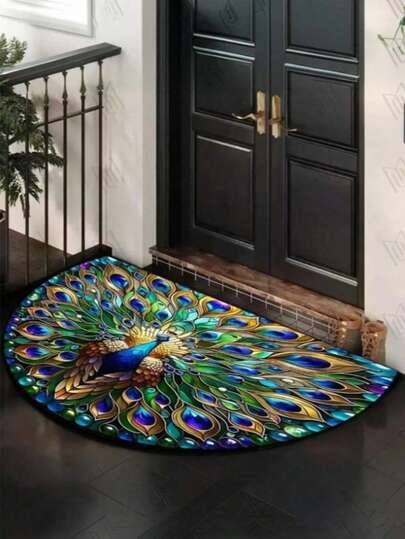 1pc Semi-Circular Velvet Carpet, Peacock Animal Theme Decorative Carpet, Vibrant Colors, Fashionable Home Decor, Carpet, Kitchen Mat, Winter Carpet, Machine Washable