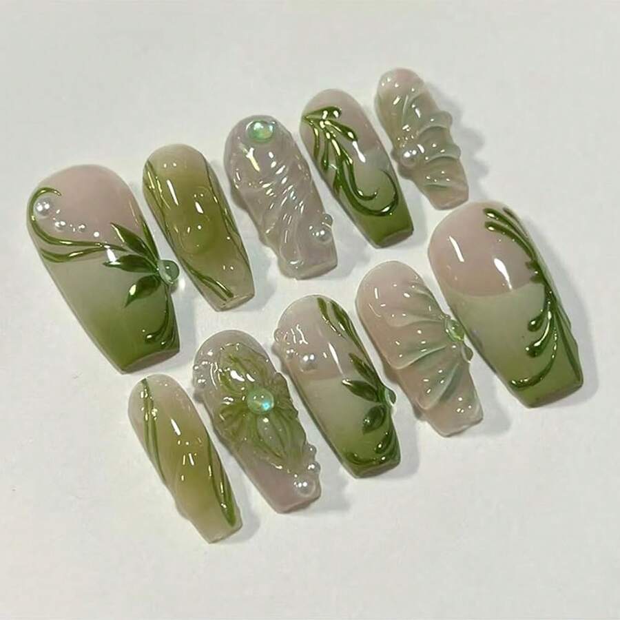 24Pcs Green Press On Nails Medium Square Fake Nails With Pearl Rhinestones Designs 3D Flower Water Drops Full Cover False Nails White Green Gradient French Tips Stick On Nails For Women FFgirls{Inchcolorinch:InchMulticolorinch} - 多色 - 查看 1