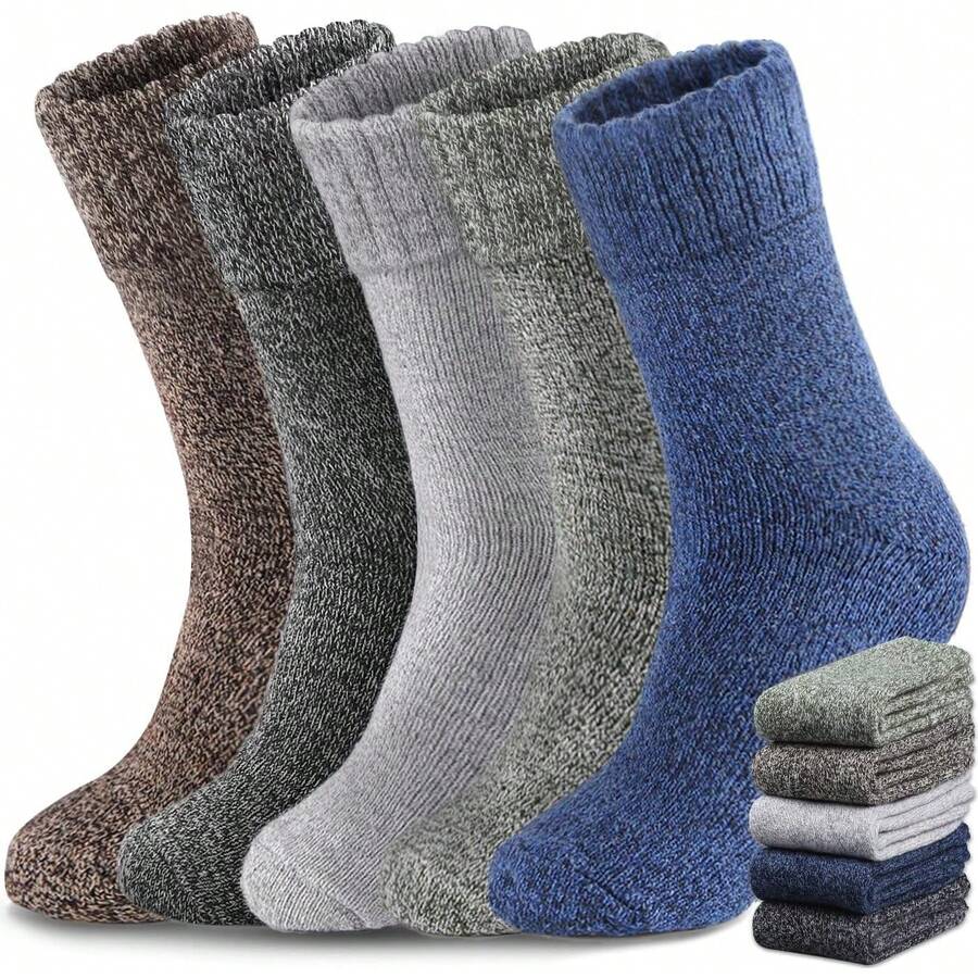 Calcetines Termicos Hombres, 5 Pares Gruesos Calcetines Invierno con Rizo Suave, Transpirables y Antisudor Calcetines Lana para Senderismo Running Esquiar Deportes - Tubo Medio - Ver 1