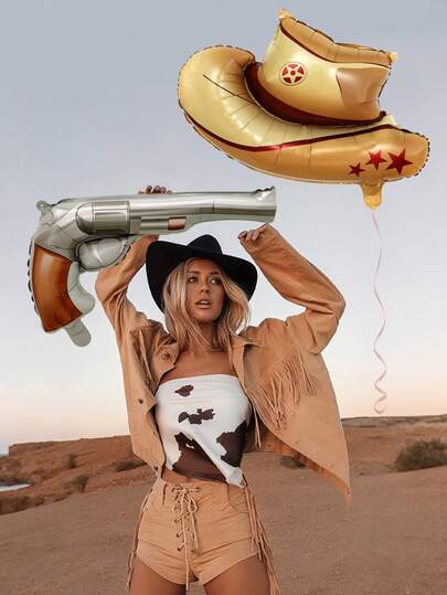 2/4pcs Western Theme Party Balloon Set, Includes Brown Cowboy Hat, 6-Shooter Revolver Shaped Foil Balloons, Suitable For Wild West Theme, Birthday Party Decor, First Rodeo Bachelor Party, Cowboy Bachelor Party, Last Rodeo Bachelor Party Decorations