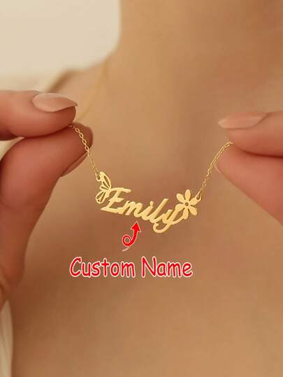 Collar con colgante de mariposa personalizado con nombre - Diseño floral personalizado de acero inoxidable, joya minimalista para uso diario, regalo de Navidad, regalo del Día de San Valentín, joyería de cumpleaños y aniversario para mujeres, cadena delicada, accesorio de moda, estilo lindo, superficie suave