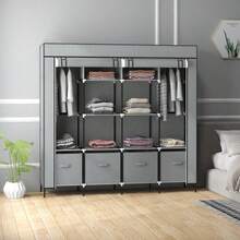 HOMCOM Fabric Wardrobe With Clothes Rail 10 Compartments 4 Drawers Wardrobe Fleece Look Dark Grey For Bedroom & Hallway - 深灰色 - 查看 2