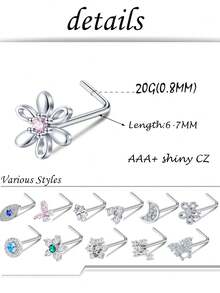 12 PCS Nose Rings Stud L Shape Nose Rings Cubic Zirconia Butterfly Flower Eye Moon Crown Heart Lightning Shape Nose Studs Piercing Jewelry For Women Men 20G Silver Tone
