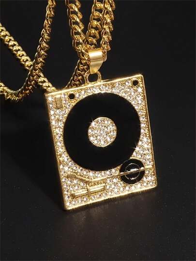 1 Peça Colar Pingente de Disco de Vinil com Gramofone Embutido de Zircônia Cúbica, Presente de Hip Hop e Rock Unissex