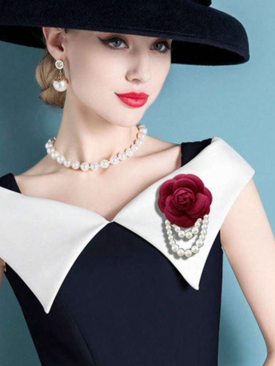 1件优雅女士山茶花仿珍珠流苏胸针，衬衫领连衣裙配饰，派对和婚礼礼物