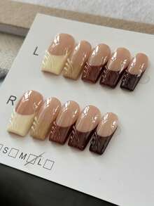 10pcs Square French Nail Long Style Nude Base Brown French Autumn And Winter Versatile Style Minimalist Nail Art Hot Girl Y2k Handmade Wearable Nail Suitable For Girls' Daily Wear And Use, Pressing Nail Fake Nail Pieces Nails Nail Supplies - Brown - View 2