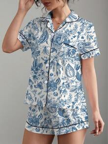 HOREA 2pcs/Set Cute Plant & Floral Print Women's Sleepwear Set - Short Sleeve Lapel Top & Relaxed Elastic Waist Shorts, Casual Loungewear For Women,Two Pieces Set - Royal Blue - View 10