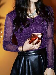 2025秋冬新款女式长袖T恤，百搭修身金属网纱蕾丝叠穿上衣，休闲春季款 - 紫色 - 查看 11