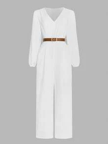 女士优雅V领缎面连体裤，女士秋季面料+配饰腰带 - 白色 - 查看 2