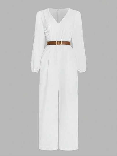 女士优雅V领缎面连体裤，女士秋季面料+配饰腰带