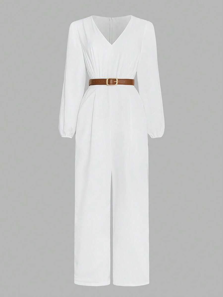 女士优雅V领缎面连体裤，女士秋季面料+配饰腰带