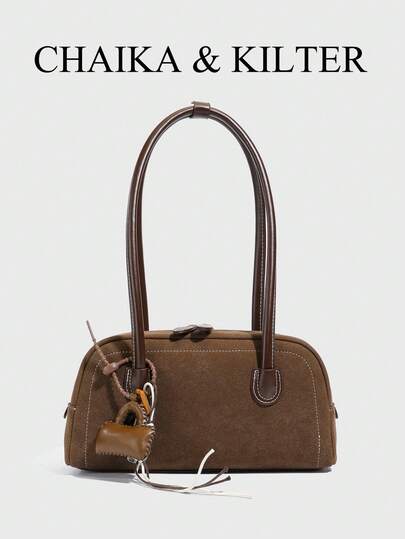 1pc CHAIKA & KILTER Solid Color Suede Fabric Shoulder Bag, Vintage Fashion Matte Bowling Bag With Contrast Stitching, Dual Handles, Zipper Closure, Suitable For Daily And Outdoor Use (Sold With Pendant)