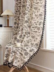 1pc Vintage Floral Print Curtain, Black Floral Print With Black Tassel Decor, Suitable For Living Room, Kitchen, Bedroom, Study, Balcony, Patio, Suitable For Home, Room, All Season - Black and White - View 3