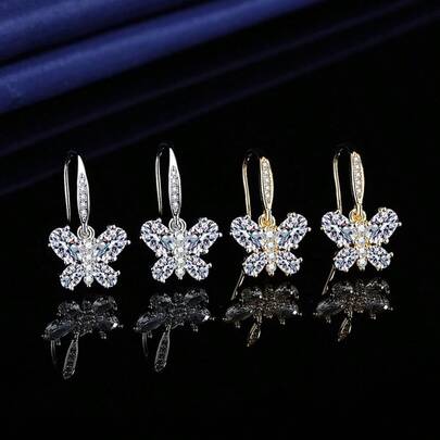1 Pair S925 Silver Plated Elegant Delicate Butterfly Zirconia Earrings, Suitable For Daily And Party Wear