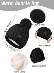 URATOT Women Winter Beanie Hat Scarf Gloves Ear Warmer 4 In 1 Set Beanie Pompom Hat Touchscreen Gloves Long Scarf Ear Warmer - 黑色 - 查看 2