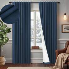 Cream Linen Blackout Curtains 84 Inch Long 2 Panel Set, Thermal Insulated Light Blocking, Neutral Rustic Farmhouse Style, Ivory White, 2025 - Navy Blue - View 8