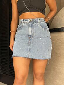 saia Jeans feminino alça poliamida  short saia casual com bolso com brilho - Lavagem Média - Visão 1
