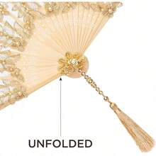 NEW-Lace Hand Fan Non-Foldable Vintage Bridal Handheld Fans With Rhinestone And Embroidered For Wedding Decoration Dancing Party (Gold) - C-vàng - Xem 5