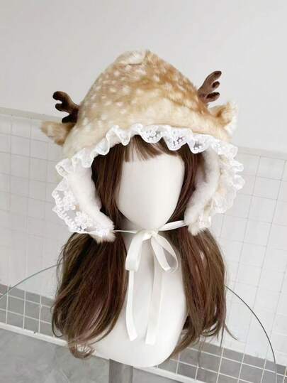 1pc Cute Plush Faux Lace Patchwork Deer Horn Ear Muff, Adorable Sweet Girl Autumn/Winter Thick Warm Earmuffs For Casual Daily Wear