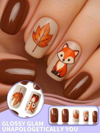 24PCS Short Square Press On Nails, Cute Fox And Autumn Leaf Design, Strong Adhesion, Natural Clear Look, Includes Jelly Glue & Mini Nail File, Perfect For Fall Nail Art