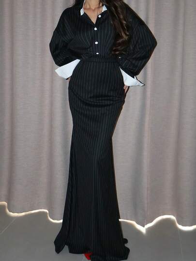 女士优雅条纹衬衫单排扣搭配纯色A字裙套装，条纹休闲春秋季黑色