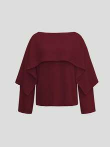 Women's New Round Neck Long Sleeve Oversized Lapel Poncho Style Loose Pullover Sweater, Fashionable Elegant Casual Vacation Outdoor Party Knit Sweater, Autumn/Winter - Red - View 5