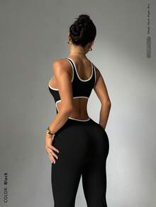Midriff Cutout Design, Flare Leg Silhouette To Elongate Legs, #Sexy Activewear #Confident & Playful #Camera-Ready, Backless Jumpsuit, Cinched Waist Flare Leggings, Butt-Lifting Activewear, Waist-Cinched Booty-Lifting Yoga Set - Black - View 2