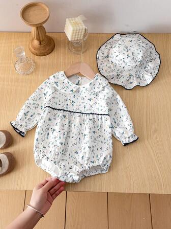 2件套新生女宝宝可爱时尚长袖连体衣和帽子，春秋季