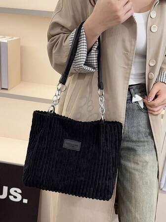 大容量灯芯绒链条腋下手提包，女士单肩包，通勤包，2025 秋季新款