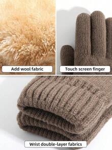 1pair Women's Winter Thicken Double-Layer Touchscreen Gloves, Knit Fleece Full Finger Warm Gloves For Running, Driving, Cycling, Party, Hiking, Writing, Gaming Halloween - 卡其色 - 查看 4