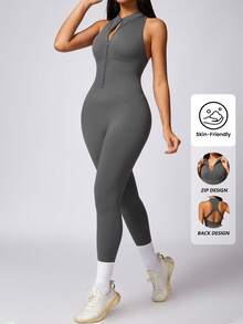 Yefecy 1 bộ đồ liền thân tập yoga có khóa kéo dành cho nữ, cổ cao, không tay, có gân, áo liền quần thể thao - Màu xám đen - Xem 2