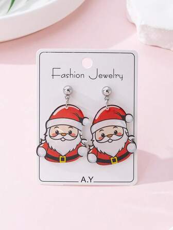 1 Pair Christmas Santa Claus Print Design Fashion Earrings For Women, Suitable For Holiday Parties And Gifts