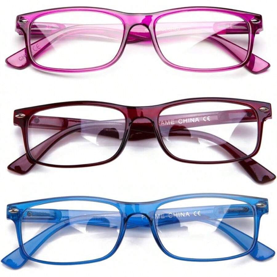 Lens Rectangle Frame Non Prescription Glasses - Fashion - 三件裝,藍色,紫色,紅色 - 查看 1