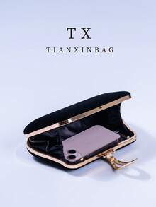 1pc Luxury Velvet Box-Shaped Party Handbag, Sequin Decor Evening Clutch Bag, Suitable For Banquet, Ball, Formal Attire Pairing, Formal Party Crossbody Bag, Tready Party Bag, Perfect For Party, Wedding, Prom, Gala/Banquet, Ideal Accessory For Women's Prom Dress, Prom Attire, Sequin Dress, Shiny Dress, Women's Elegant Dress. - Black - View 10