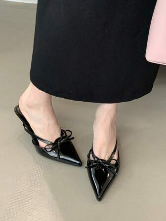 法式尖头中跟高跟鞋，蝴蝶结绑带穆勒鞋，时尚细带露跟凉鞋，适合春秋季节穿着，猫跟鞋