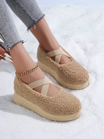 2025 가을/겨울 단색 플러시 따뜻한 캐주얼 편안한 인조 모피 플랫폼 슈즈, 새로운 여성 플러시 크리스-크로스 슬립온 플랫