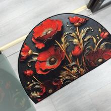1 szt. Elegancka, półokrągła mata powitalna z motywem czerwonego maku, ze złotego aksamitu, nadająca się do prania w pralce, odpowiednia do kuchni, sypialni, przedpokoju, patio, codziennego użytku, wystroju w stylu rustykalnym, na parapetówkę, Święto Dziękczynienia, prezent na Boże Narodzenie - Wielokolorowe - Zobacz 5