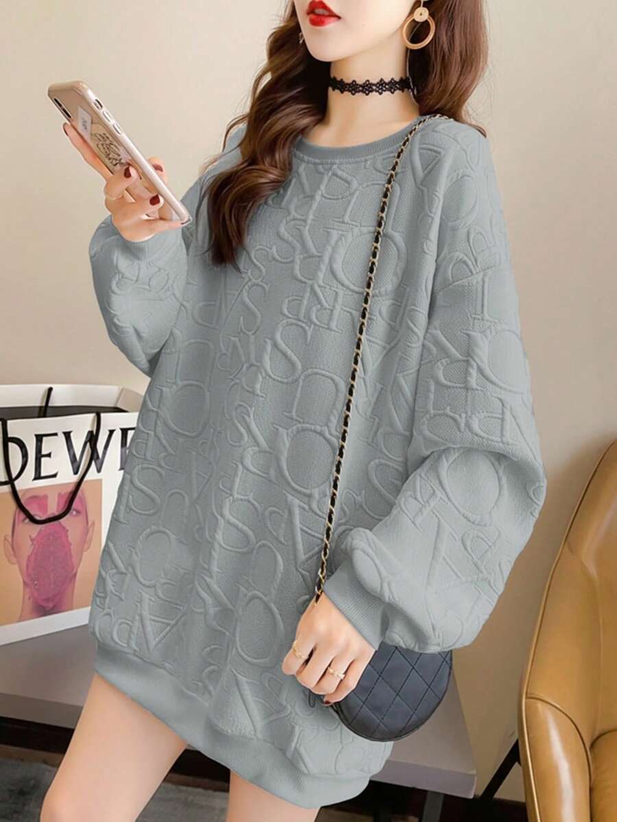 女士字母压纹圆领落肩长袖休闲宽松毛衣 - 灰色 - 查看 1