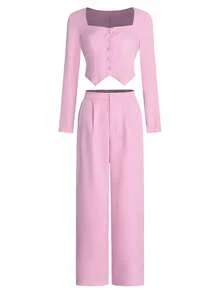 女士粉色衬衫上衣和裤子两件套，适合办公室穿着 - 粉色 - 查看 2