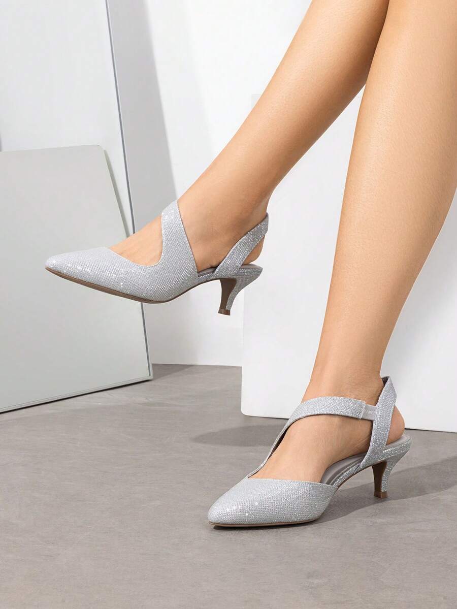Women's Kitten Heels Fashion Pumps Closed Toe Pointed Toe Stiletto Low Heel Strappy Comfortable Party Dance Wedding Dress Shoes - 銀色 - 查看 1