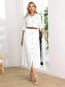 VESTIDO LARGA UNICOLOR PARA MUJER,VESTIDO CAMISERO MANGA ENROLLADA,VESTIDOS CON BOTONES DELANTEROS Y CINTURÓN - Blanco - Ver 1