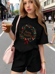 Ropa para niño,Camiseta navideña de puro algodón transpirable, suave y cómoda para niños y niñas, estampada con guirnalda "Merry Christmas", ideal como regalo navideño y para la Fiesta de Nuestra Señora de Guadalupe, incluye opciones de camisetas de niña, tops para adolescentes, camisas para niño y ropa de niña, perfecta para conjuntos para adolescentes y regalos navideños - Negro 1 - Ver 1